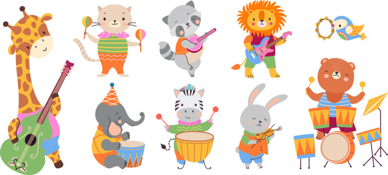 Animal musician party. Wild animals play musical instruments. Cute celebration or festival, cartoon kids characters. Nowaday funny vector musicians
