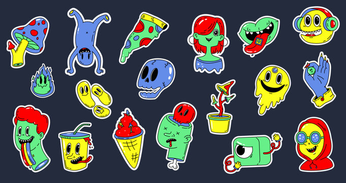 Cartoon psychedelic stickers, weird images. Groovy 70s 80s surreal neon colors elements. Unusual mushroom, trippy faces and crazy snugly vector characters