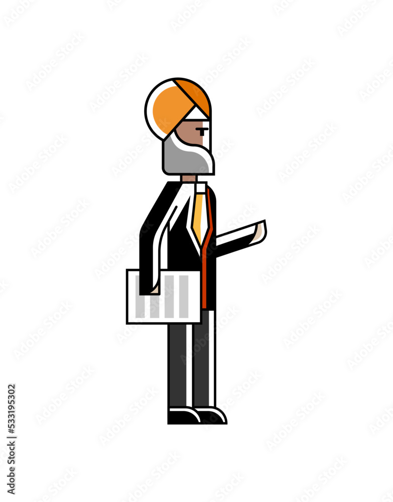 Sticker Indian businessman in business suit standing with document in hand. Corporate business people isolated vector illustration in linear style.