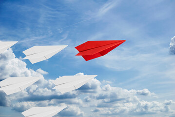 3d rendering paper planes for leadership concept. A paper plane on a sky.