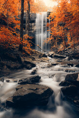 Bridal veil falls waterfall from Heber Springs during peak autumn color with orange fall leaves...