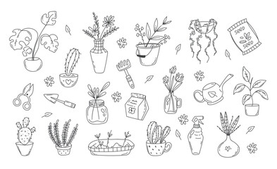 House plant pot decor doodle outline sketch design element abstract line art set - obrazy, fototapety, plakaty