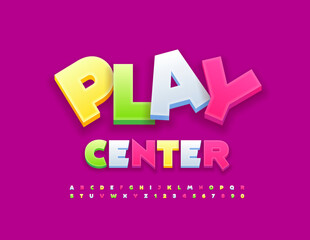 Vector funny banner Play Center. Creative Kids 3D Font. Colorful Alphabet Letters and Numbers set