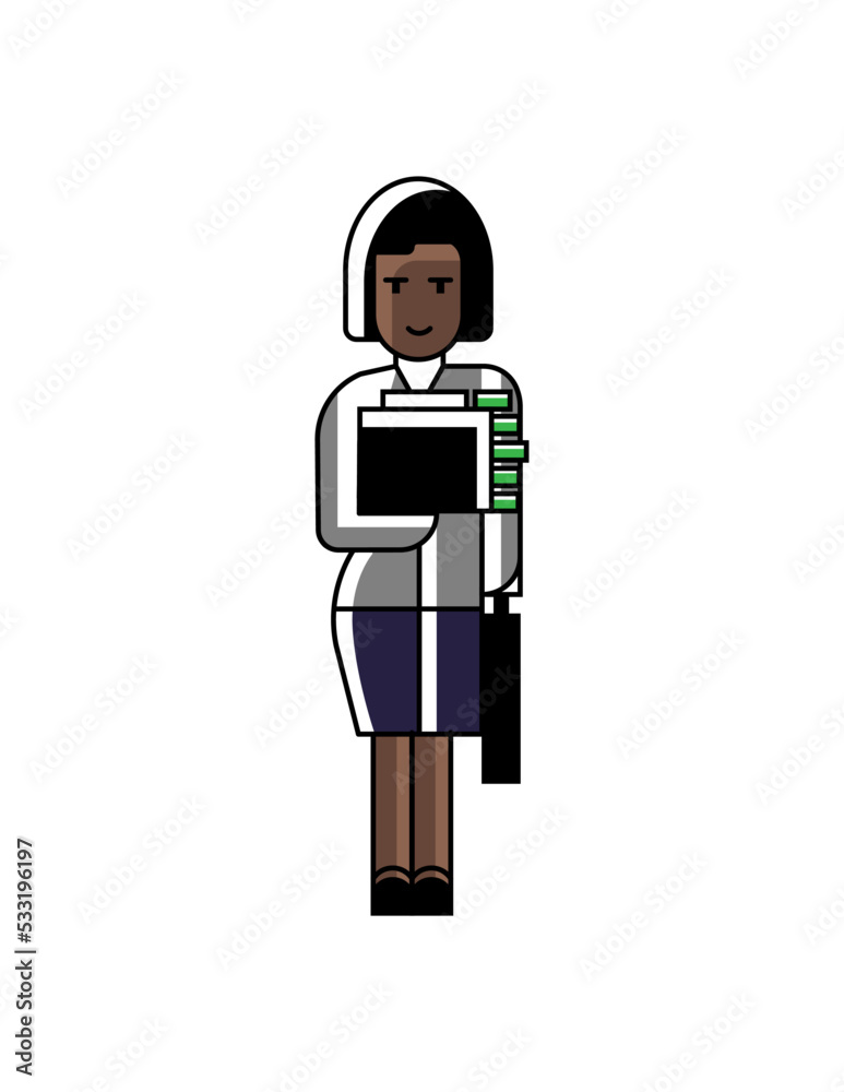 Sticker African businesswoman in business suit holds suitcase with money. Corporate business people isolated vector illustration in linear style.