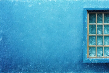 Blue wall with a wooden window, winter time