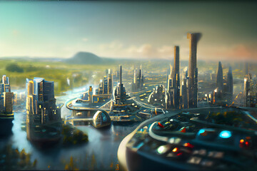 abstract futuristic utopian cityscape, neural network generated art - obrazy, fototapety, plakaty