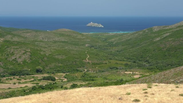 Panoramic view with the Giraglia Island, in northern Corse, France.
