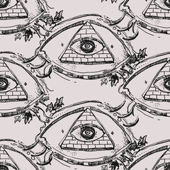 Ink illustration seamless texture with eye conspiracy theory pyramid. Repeater tiled pattern.