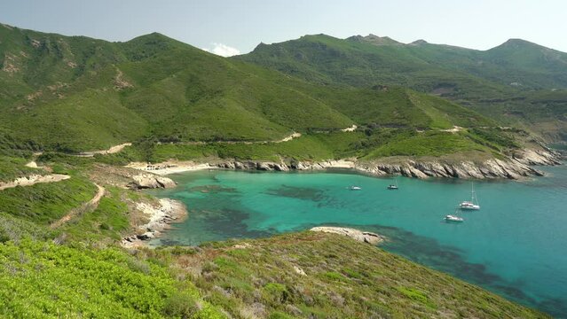 Panoramic view with the beautiful Plage d'Aliso, near Morsiglia, in northern Corse, France.