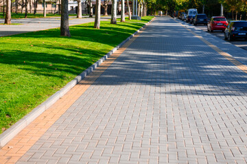 a path made of paving slabs, bright sunny day in autumn city park, green lawn, and yellow leaves, street