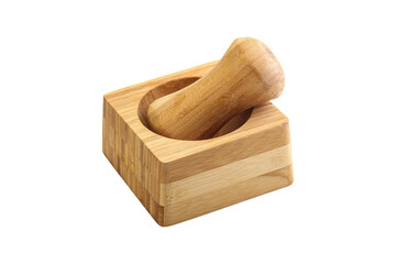 Wooden mortar for kitchen isolated