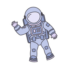 Obraz na płótnie Canvas Doodle astronaut. Cartoon funny character with waving hand. Hello world. Hand drawn children cosmonaut