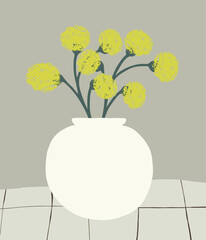 Cute design with a vase of flowers in green, yellow, beige and cream. - 533197949