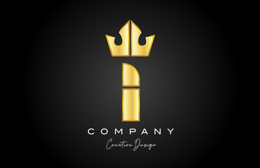 gold golden I alphabet letter logo icon design. Creative crown king template for company and business