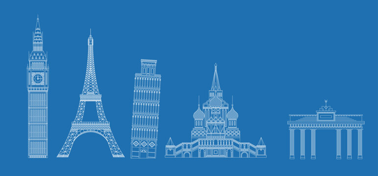 Graphic White Sketch Silhouettes Of World Famous Landmarks On Blue.