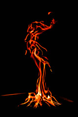 Abstract geometry of red dancing fire flames. Anthropomorphic shapes of dynamically dancing or...