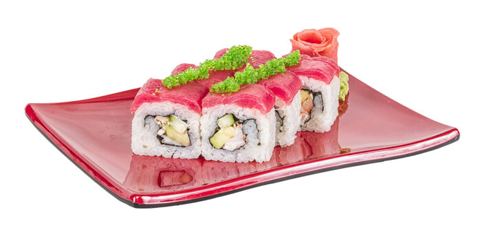 Maki Sushi - Roll made of Crab, avocado, cucumber inside. Fresh Tuna and tobico roe outside