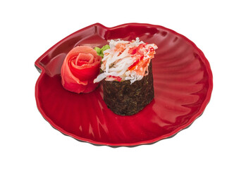 sushi kani with sauced slices of crab shrimp isolated on white background