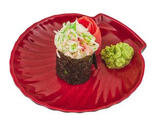 sushi kani with sauced slices of crab shrimp isolated on white background
