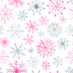 Watercolor seamless pattern with pink and grey snowflakes, isolated on transparent  background