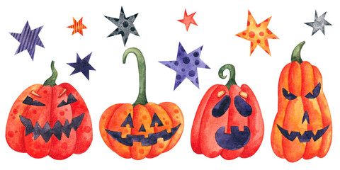 Set with 4 Jackie pumpkins for Halloween. Watercolor illustration. Holiday. Autumn. Season. Art. Design. Handmade work. Collection. Checkboxes. Sweets. Mysticism.