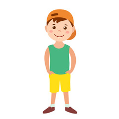 Vector boy in baseball cap keeping hands in pockets, flat style illustration of preschool child isolated on white background, cartoon cute boy character