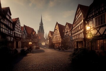 AI generated image of a small German village street - obrazy, fototapety, plakaty