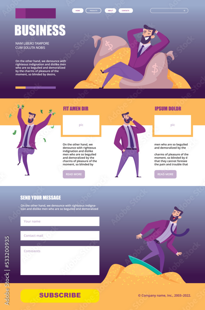 Wall mural business landing. web page template design ui buttons frames and pictures with business characters h
