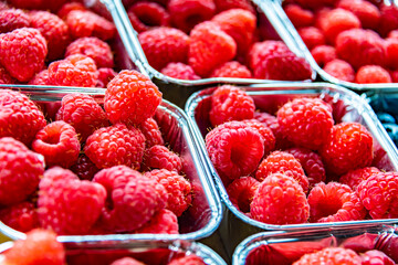 Fresh raspberries in plastic boxes put up for sale in the store