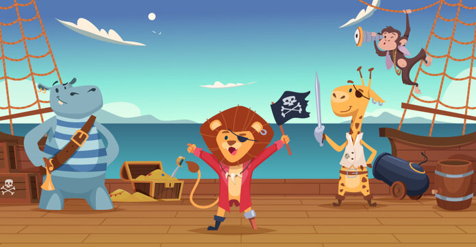 Pirates background. Wild animals in pirate costumes on island with treasures exact vector zoo cartoon set