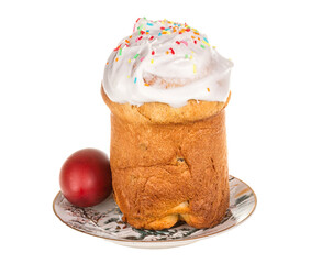 Easter cake with glace icing and easter eggs on white background