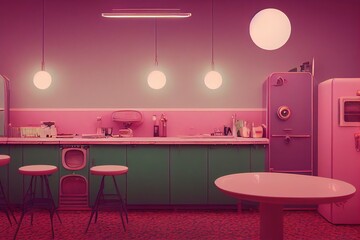 Interior kitchen neon lights cyberpunk retro