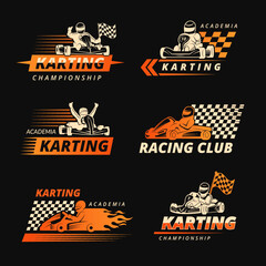 Karting. Race cars emblems or logos with place for text symbols of speed and extreme sport. Recent vector templates