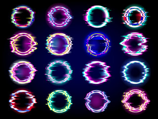 Glitches collection. Neon glowing circle glitches templates pixel rings with place for text recent vector noise visualization