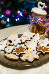 Close up view of plate with tasty Christmas cookies
