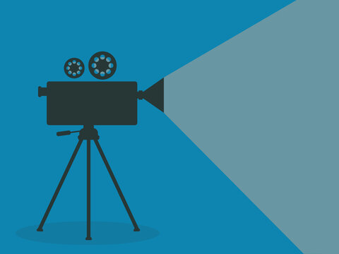 Silhouette of vintage cinema projector on a tripod. Cinema background. Movie festival template for banner, flyer, poster or tickets. Movie time concept.