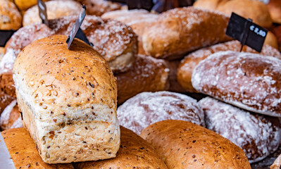 Different sorts of bread, displayed in the bakery