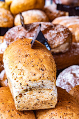 Different sorts of bread, displayed in the bakery