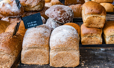 Different sorts of bread, displayed in the bakery