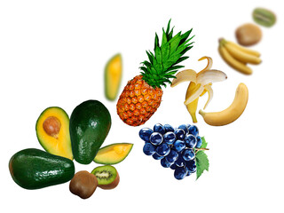 Juicy, tasty, fresh ananas, kiwi, grapes, avokado levitate on a white background, healthy diet. Fresh fruits and vegetables