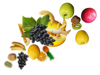 Juicy, tasty, fresh ananas, kiwi, grapes, limon levitate on a white background, healthy diet. Fresh fruits and vegetables