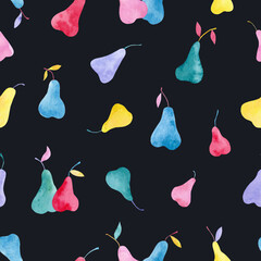 Seamless watercolor pattern with colored watercolor pears on a black background
