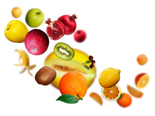 Juicy, tasty, fresh kiwi, orange, banan, persimmon, lemon, pomegranate levitate on a white background, healthy diet. Fresh fruits and vegetables