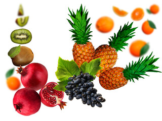 Juicy, tasty, fresh kiwi, grape, pomegranate, orange, pineapple  levitate on a white background, healthy diet. Fresh fruits and vegetables