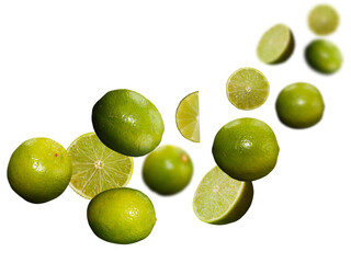 Juicy, tasty, fresh lime levitate on a white background, healthy diet. Fresh fruits and vegetables