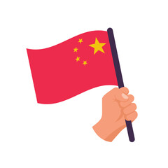 Flag of China in the hand of a man. Vector illustration flat design. Isolated on white background. Red flag with yellow stars. Landing page web template.