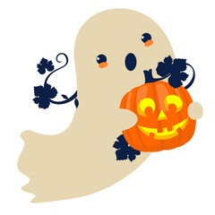 A ghost carrying a Halloween laughing pumpkin. Illustrated vector element.