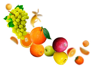 Tasty,Juicy. fresh grapes, apple, banan, persimmon levitate on a white background, healthy diet. Fresh fruits and vegetables