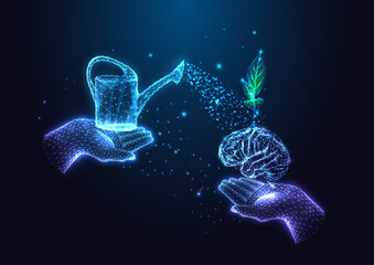 Futuristic growth mindset, learning concept with hands holding brain with sprout and watering can - obrazy, fototapety, plakaty