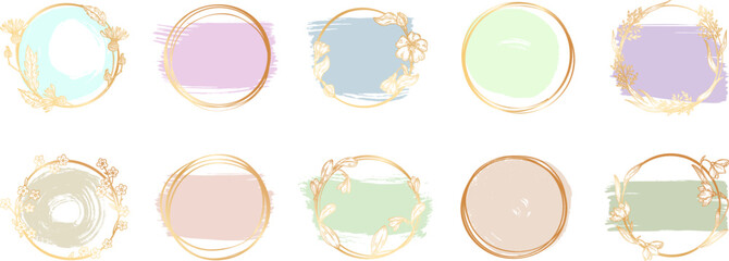 Decorative round frames with grunge pastel elements. Golden rings, floral decor frame or banner. Vector sketch wild flowers, vintage cards decor